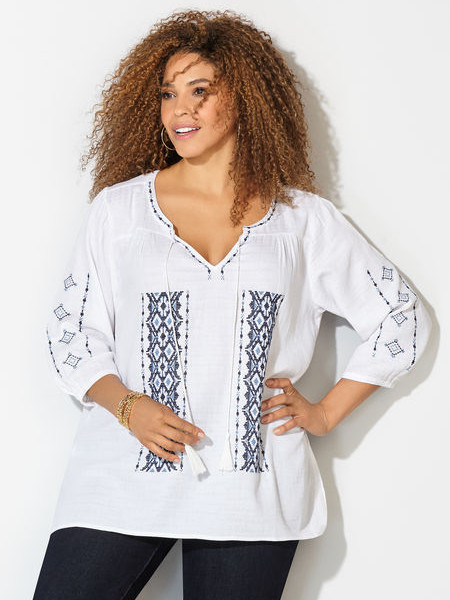 Embroidered White Cotton Peasant Blouse