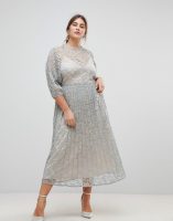 Little Mistress Plus All Over Lace Maxi Dress With Balloon Sleeve Detail